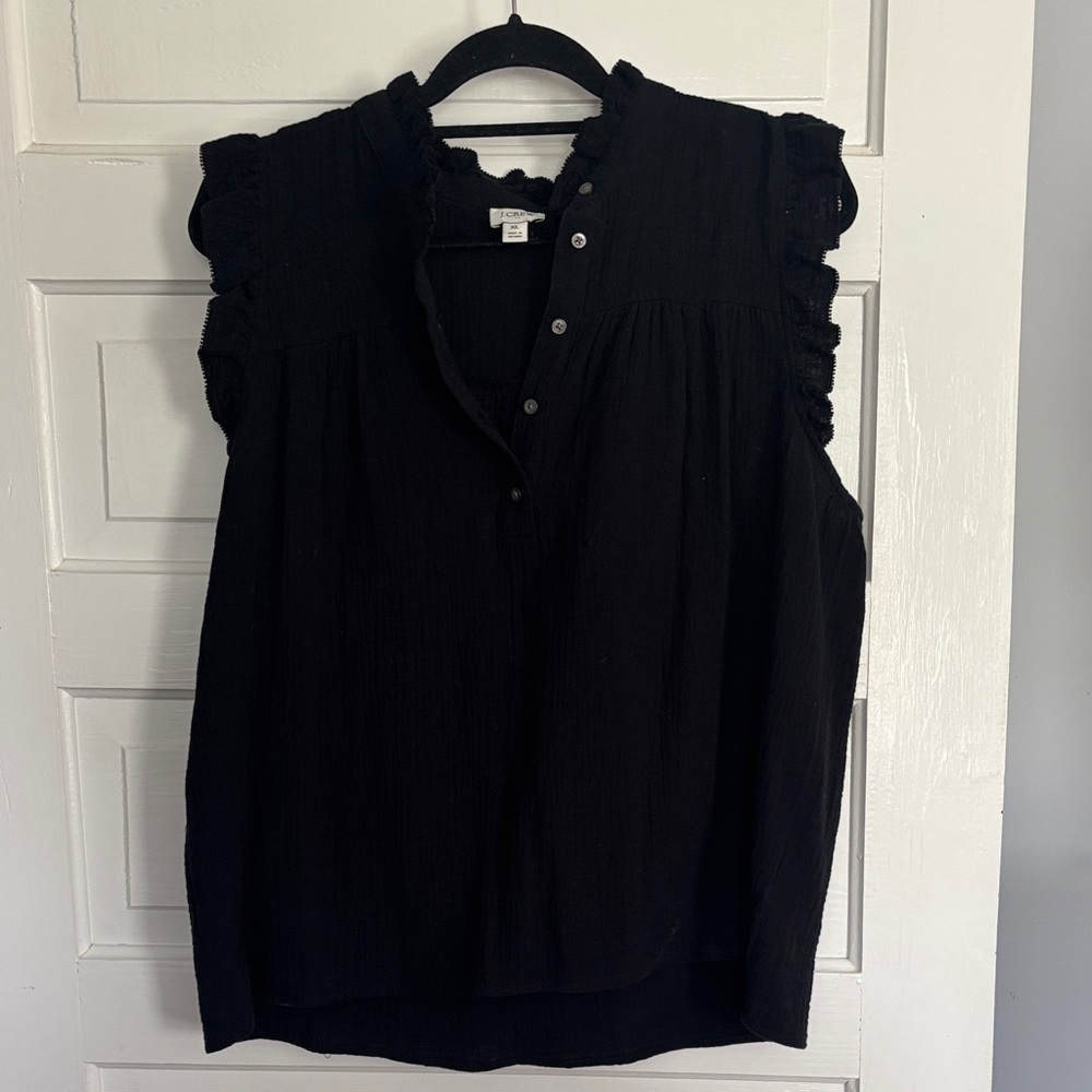 J. Crew Black Ruffle Sleeve Split-Neck Blouse